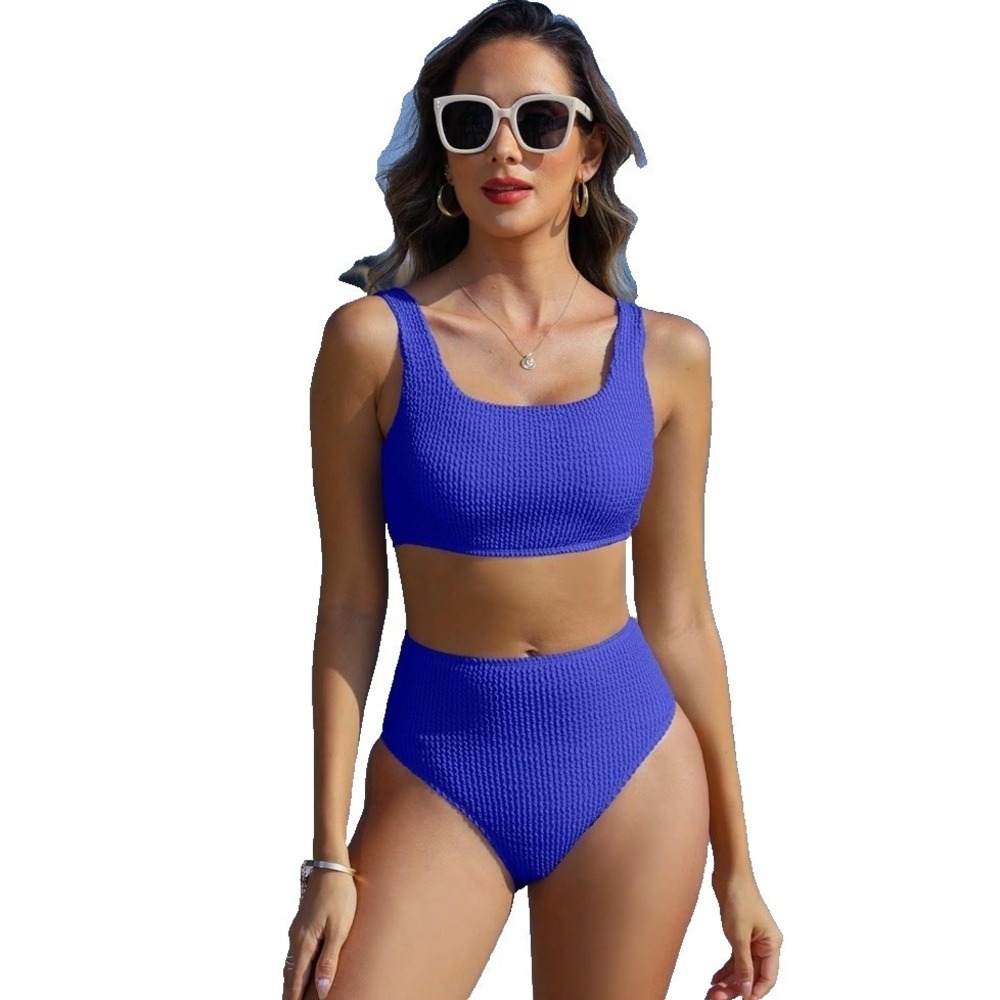 Royal Blue Smocked High Waisted Bikini Set Two Piece Swimsuit‎ Size M